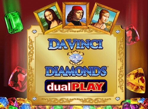 Logo for the online slot game Da Vinci Diamonds Dual Play featuring the title in gold letters with a background of purple and blue gems.
