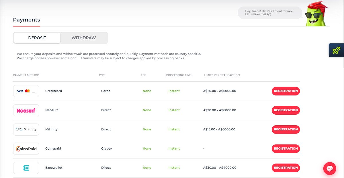 Yoju Casino Banking options screenshot