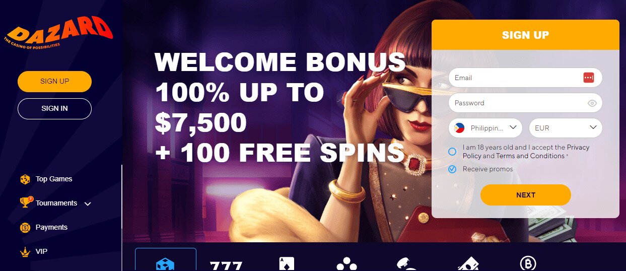 Dazard Casino sign up form and welcome bonus