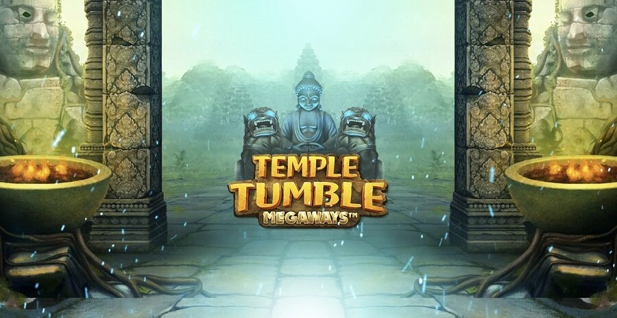 Screenshot of the Temple Tumble Megaways online slot game featuring a 6x6 grid with cascading reels