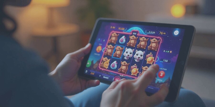An image of someone is playing an online pokie on their mobile device