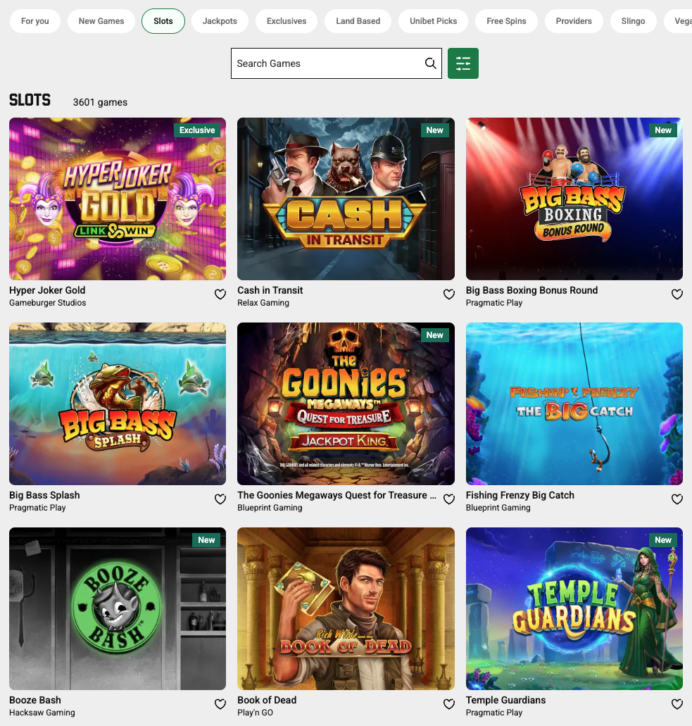 Unibet Games Card