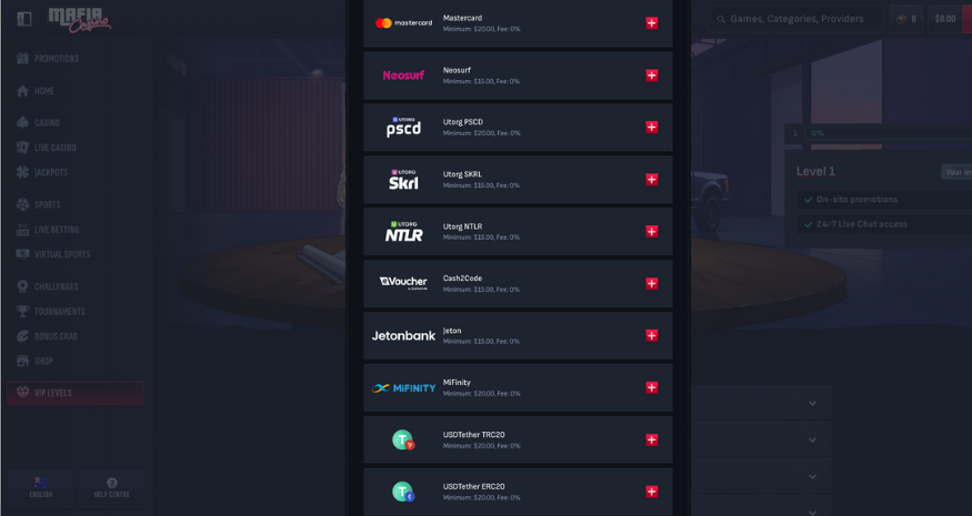 Mafia Casino Payment Options