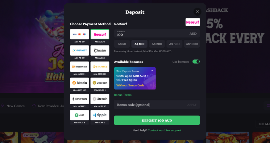 Neosurf Deposit Process at Lucky Circus Casino